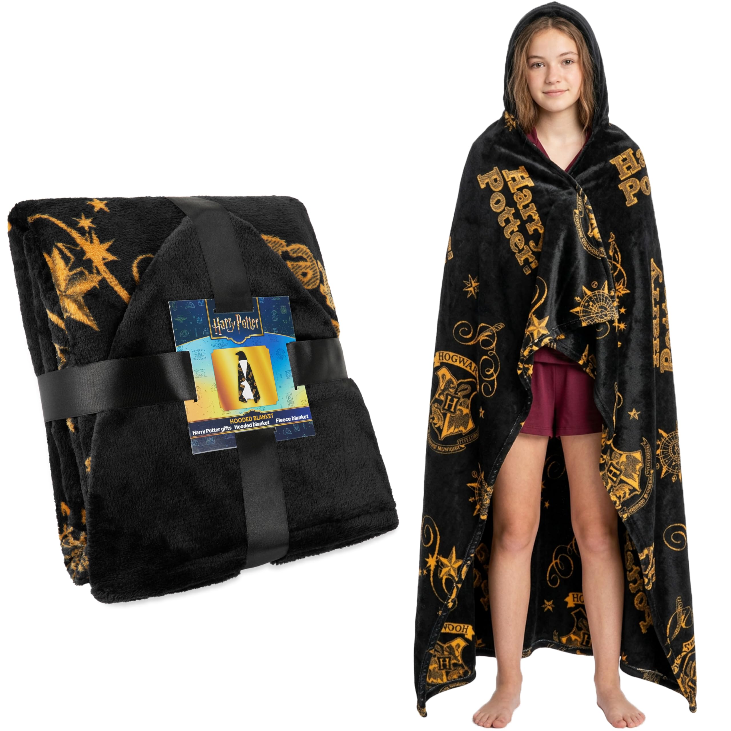 Get Trend front view of hooded Harry Potter blanket showing full coverage and comfort