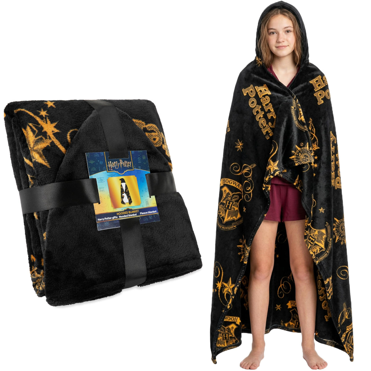 Get Trend front view of hooded Harry Potter blanket showing full coverage and comfort