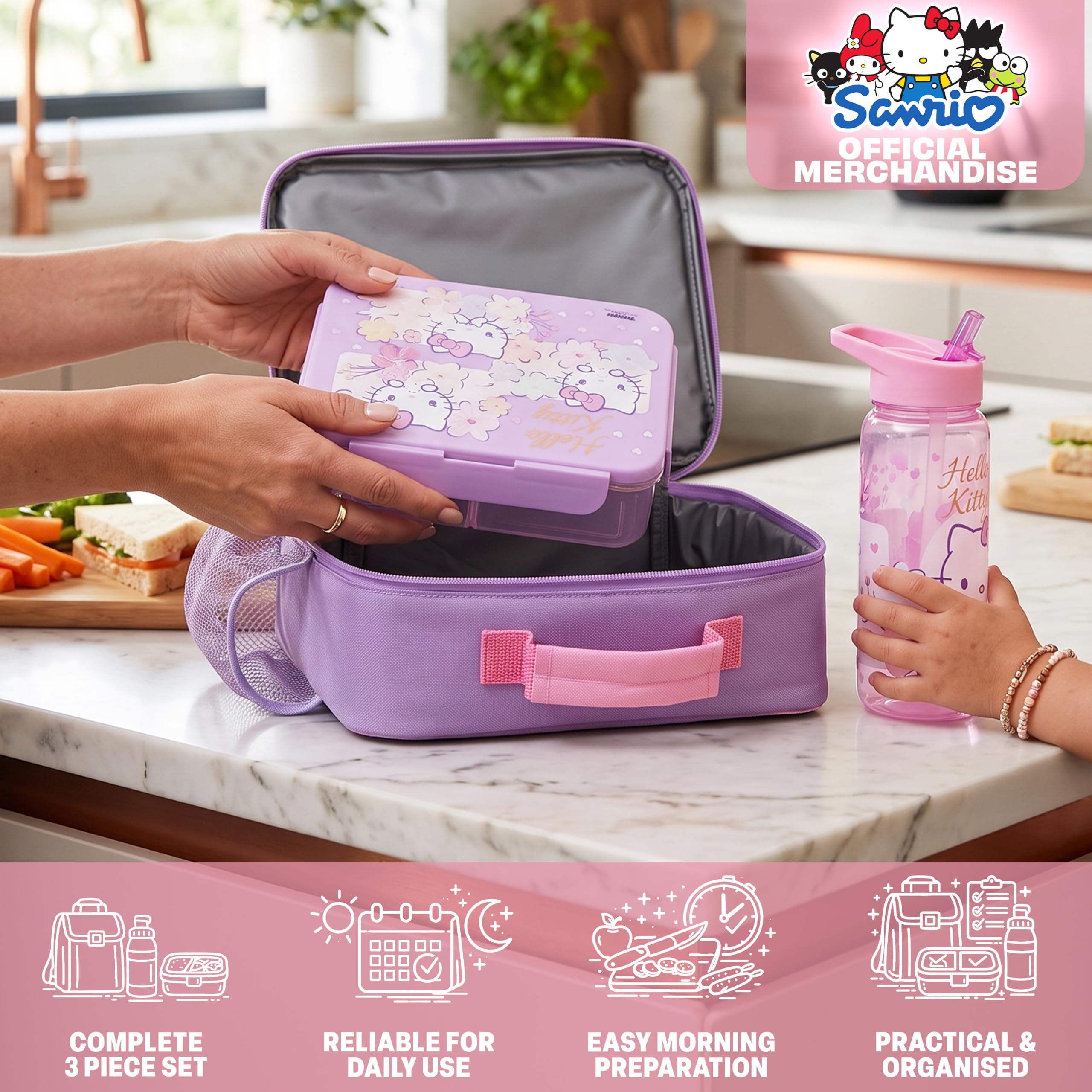 Get Trend Hello Kitty bento close-up showing three compartments and snap-lock lid convenience