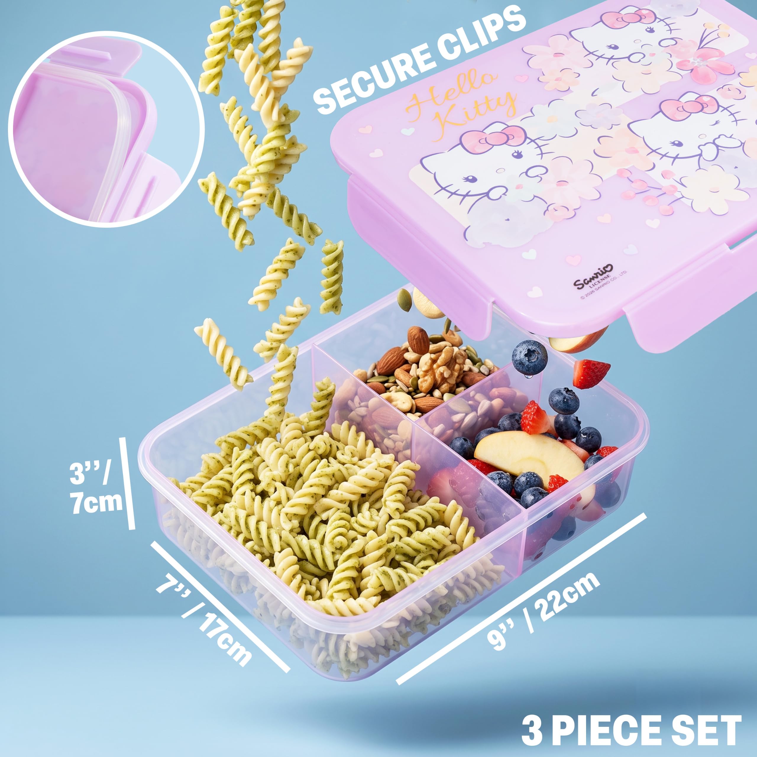 Get Trend Hello Kitty size comparison showing bag, bento, and bottle proportions for packing