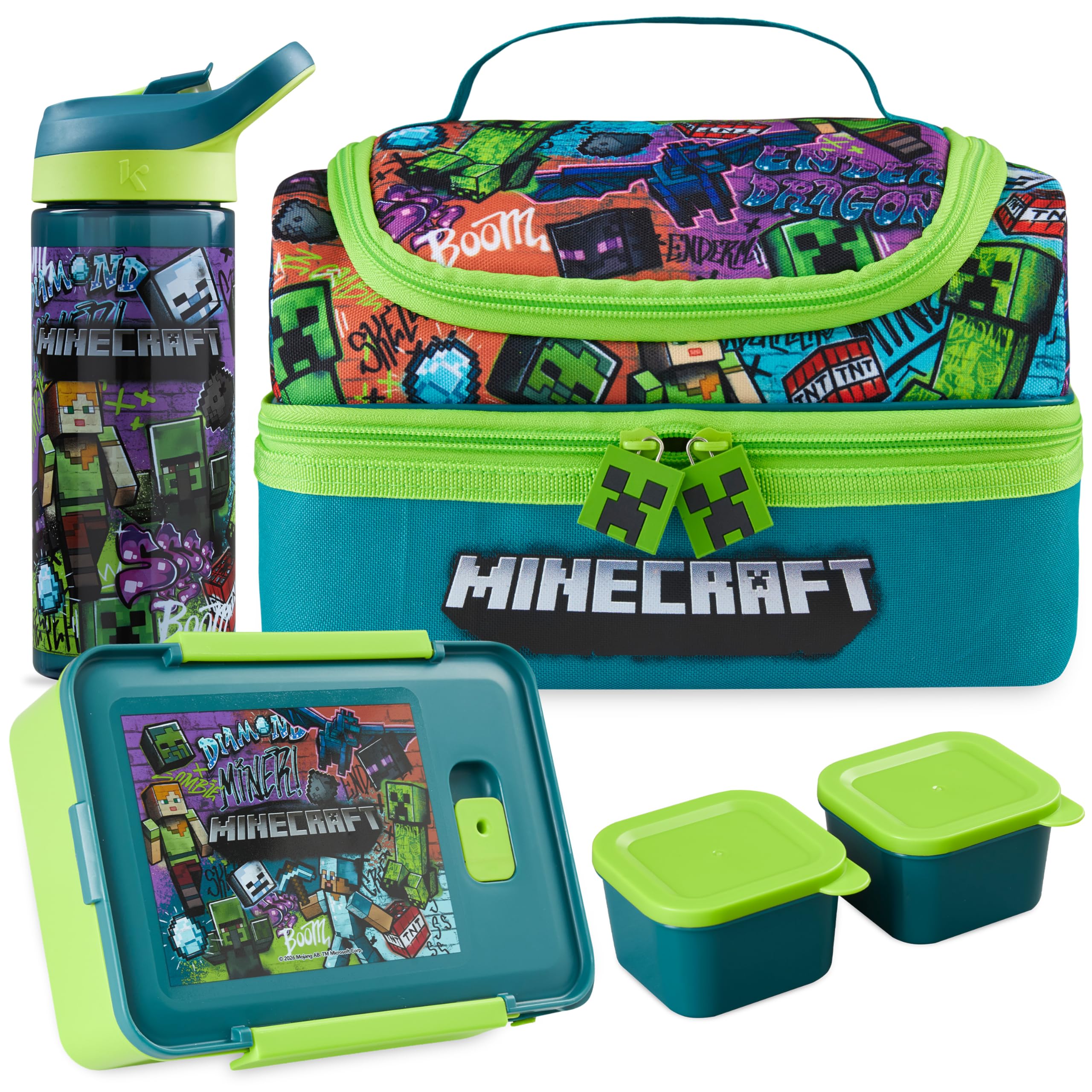Get Trend lunch set front view showing Minecraft print and easy-carry handle benefit