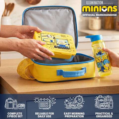 Get Trend Minions bento closeup highlighting three compartments and secure snap-lock lid