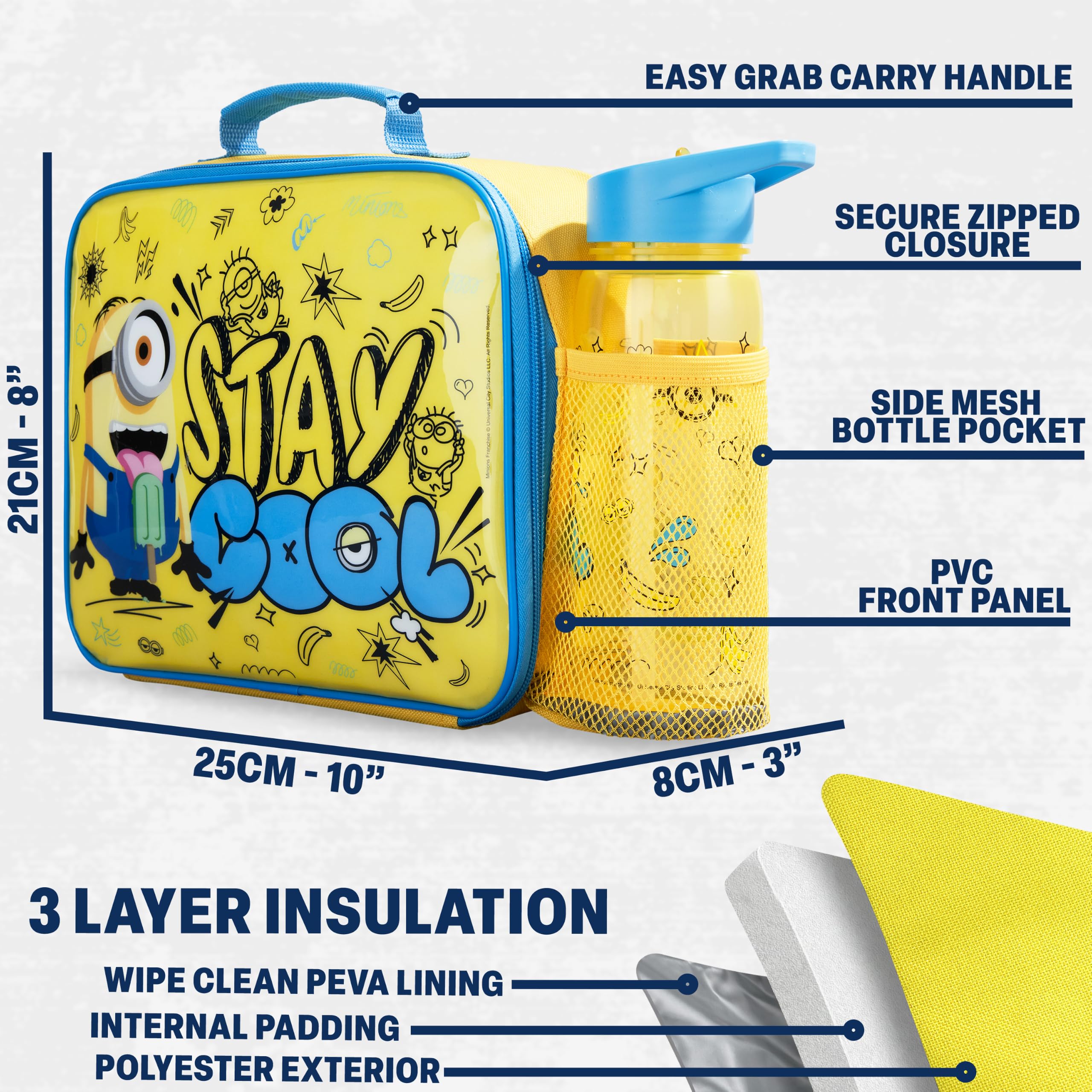 Get Trend Minions bag interior view with PEVA lining and bento box neatly inside