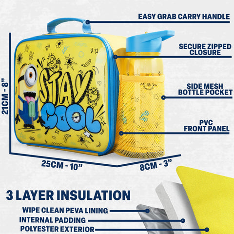Get Trend Minions bag interior view with PEVA lining and bento box neatly inside