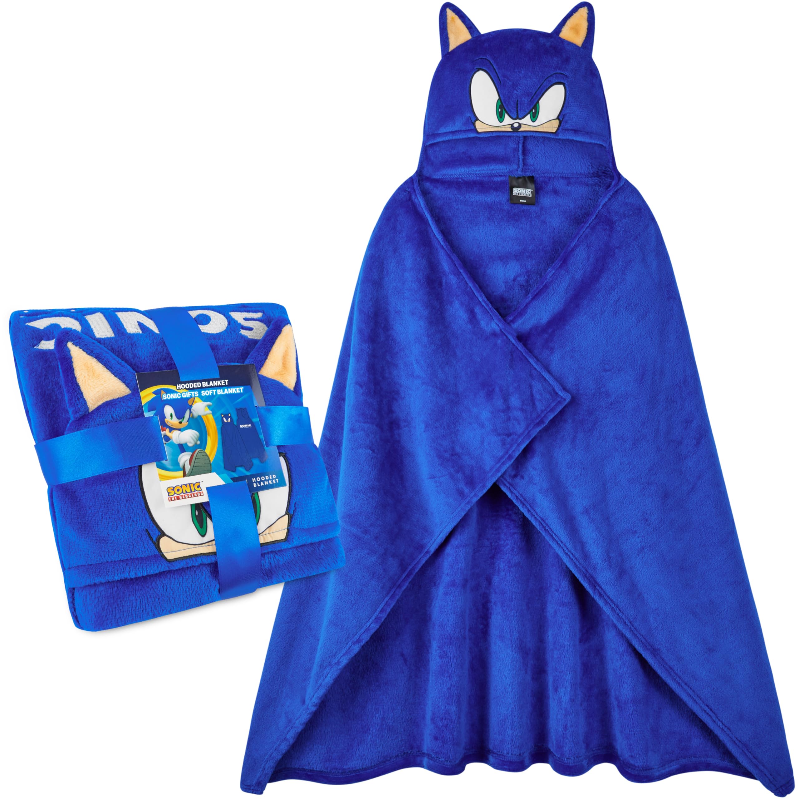Get Trend front view of Sonic hooded blanket showing full coverage and fun design benefit