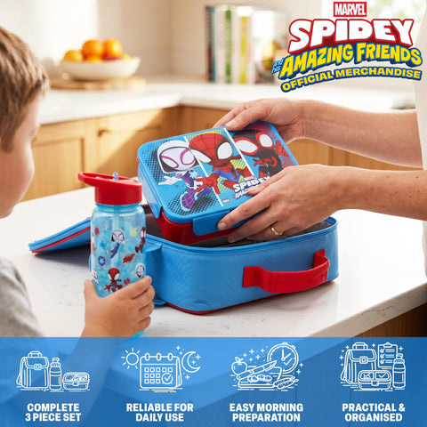 Get Trend Spidey bento closeup showing three compartments and snap-lock lid for organized meals