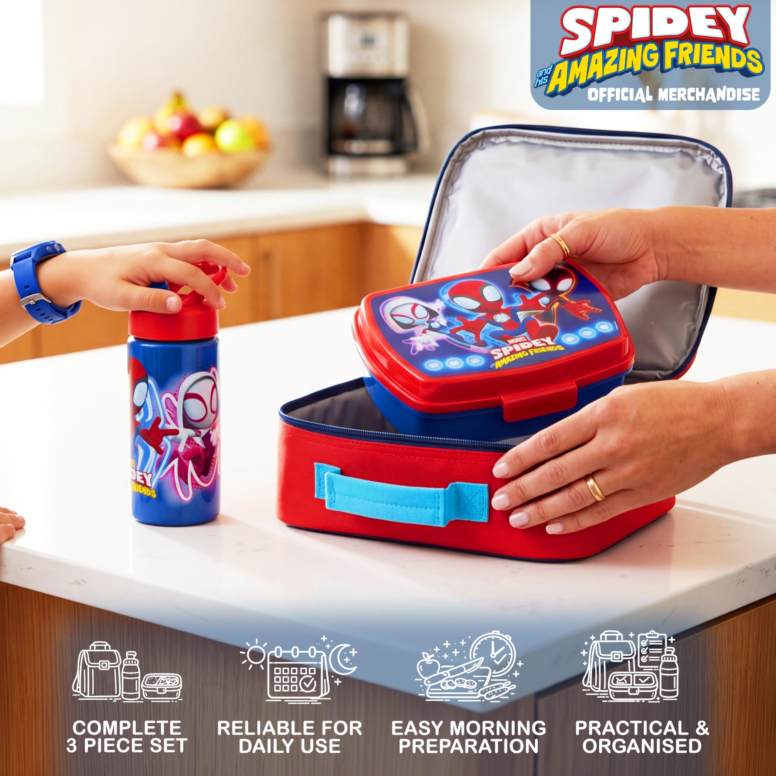 Get Trend Spidey lunchbox closeup showing snap lid and secure storage benefit