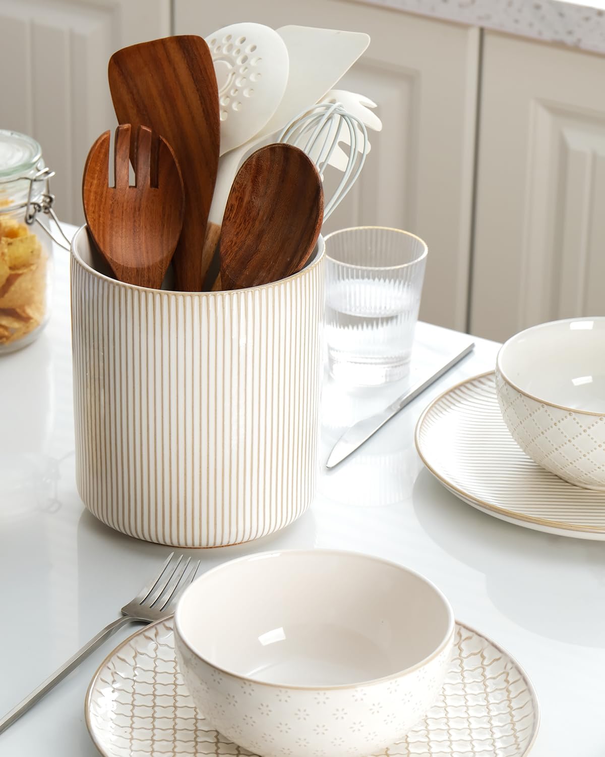 getstar crock styled on kitchen counter highlights farmhouse charm and tidy surfaces benefit
