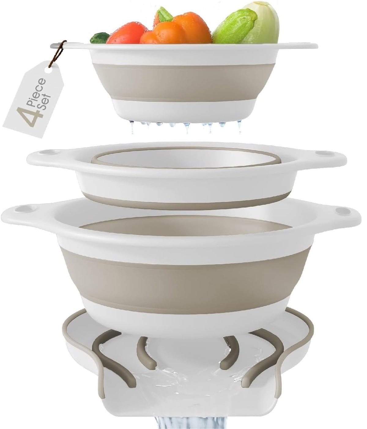 Gevoli package of three collapsible colanders showing all contents and benefits