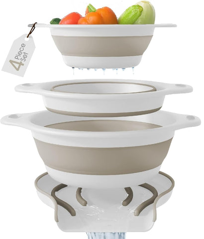 Gevoli package of three collapsible colanders showing all contents and benefits