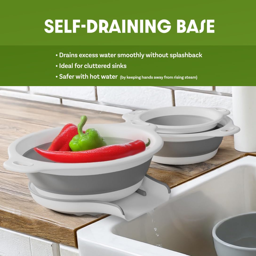 Gevoli collapsed colanders stacked flat showing space-saving storage benefit