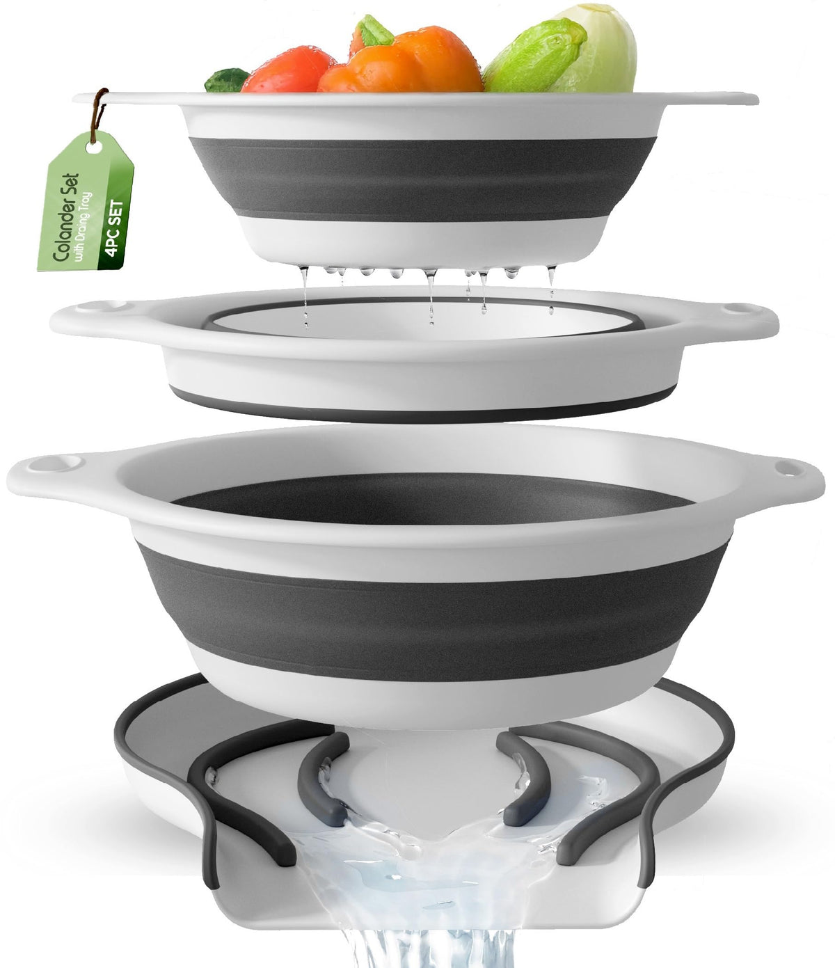 Gevoli front view of three-pack colanders showing sizes and compact set benefit