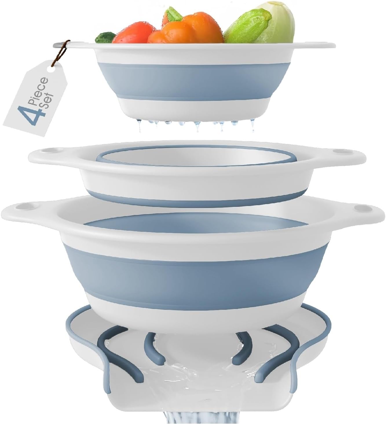 Gevoli three colanders with tray front view showing organized set and quick prep benefit
