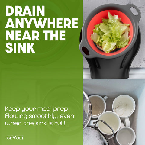 Gevoli in use over sink draining pasta showing hands-free, direct sink drainage
