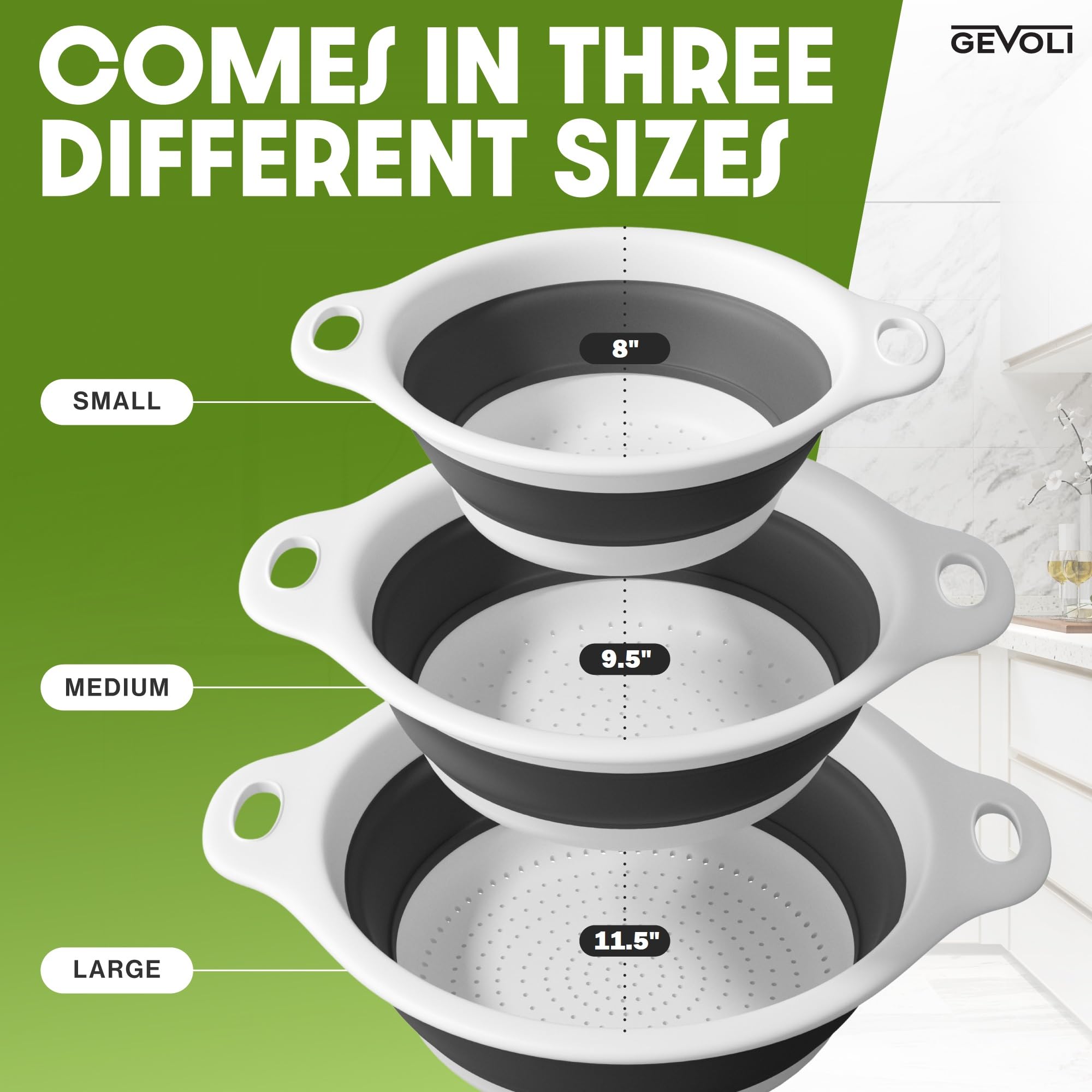 Gevoli large colander expanded showing capacity and stable rim benefit