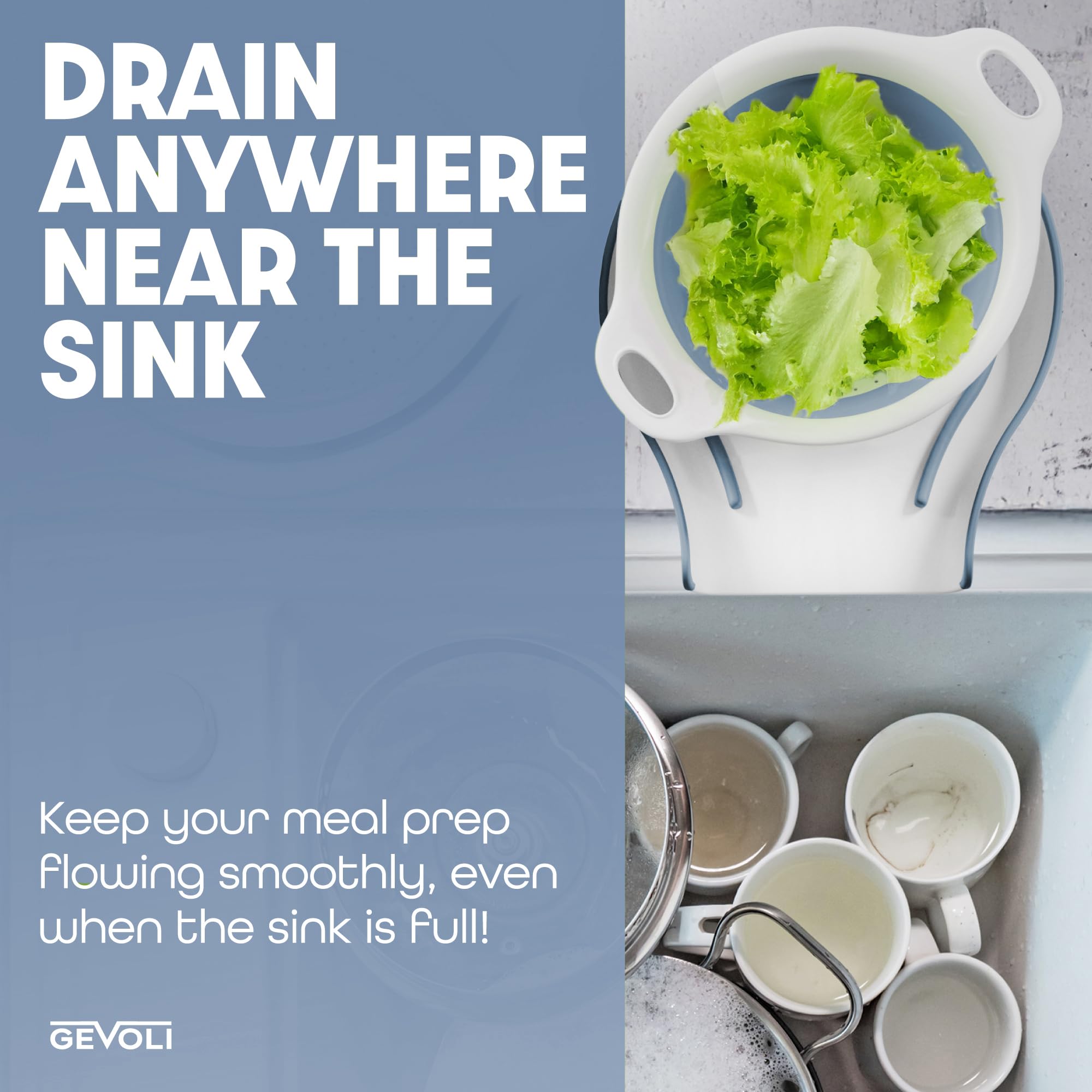 Gevoli large colander draining pasta into sink demonstrating secure hands-free draining