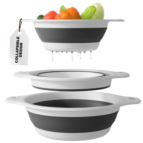 Gevoli colanders next to apple showing scale and capacity comparison benefit