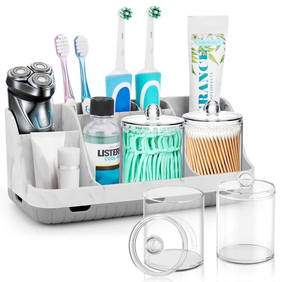 GFWARE front view of marble toothbrush holder set showing organized slots and tidy countertop