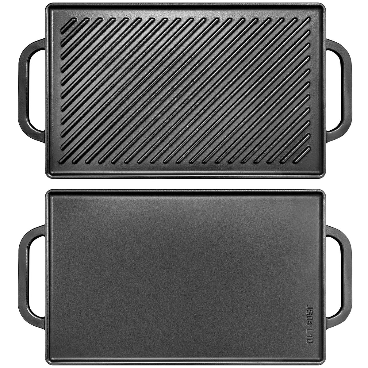 GGC cast iron griddle front view showing dual-sided design and handles for versatility