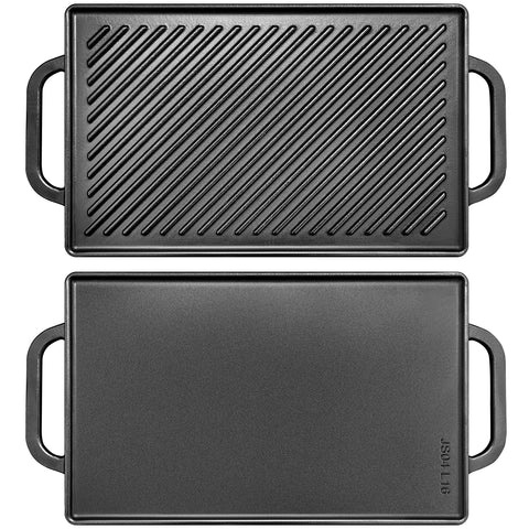 GGC cast iron griddle front view showing dual-sided design and handles for versatility