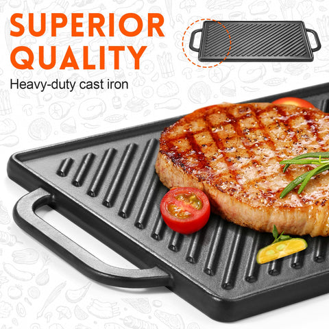 GGC griddle next to ruler showing cooking area and oversized handles for safe lifting