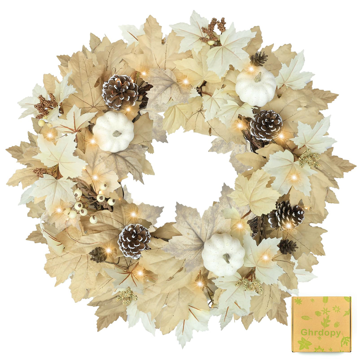 Ghrdopy fall wreath front view showing warm LEDs and autumn appeal