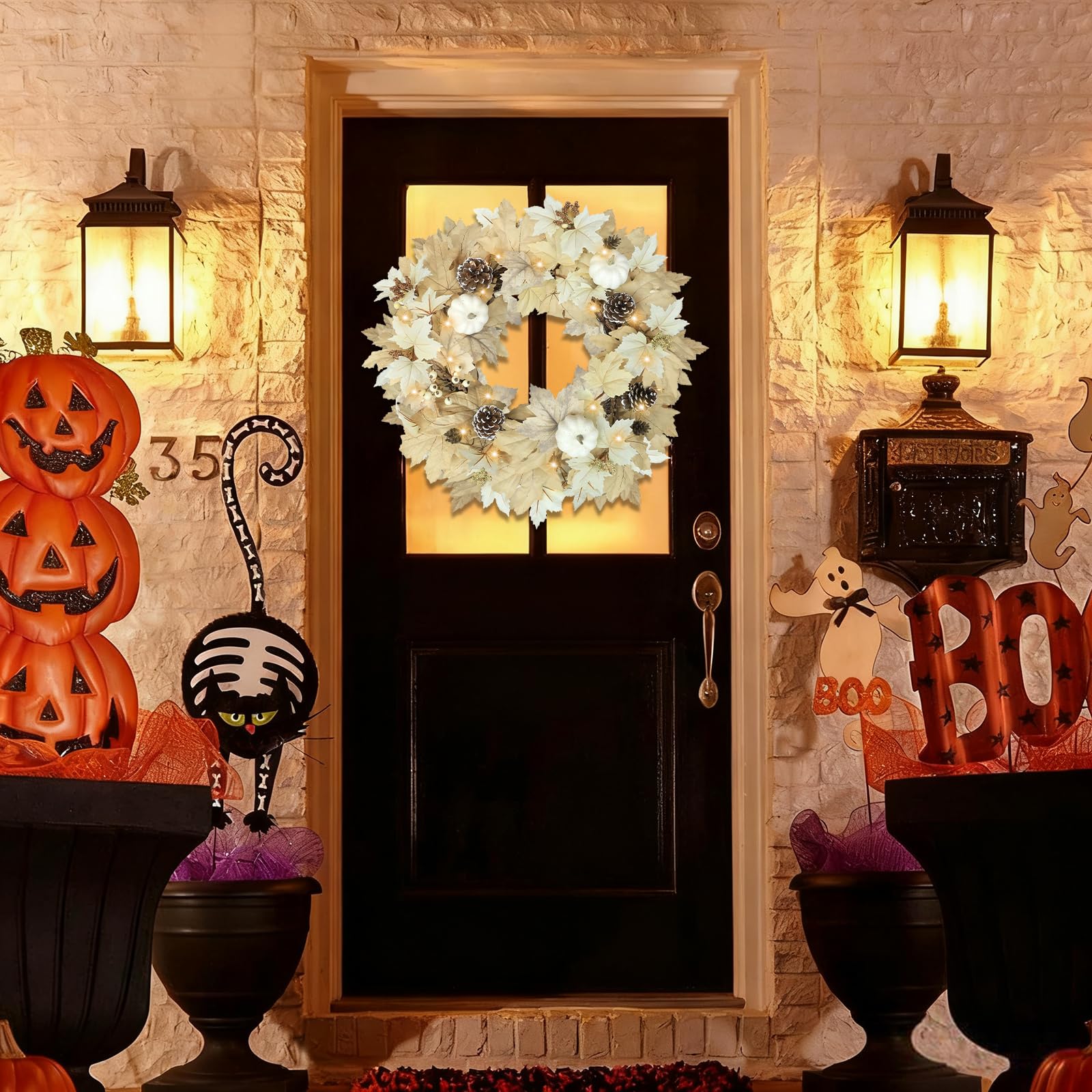Ghrdopy wreath hanging on a front door to show size and scale