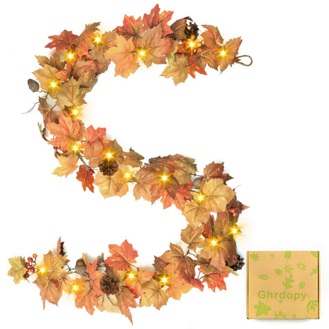 Ghrdopy front view of 6 ft fall garland showing full autumn styling and benefit of instant seasonal decor