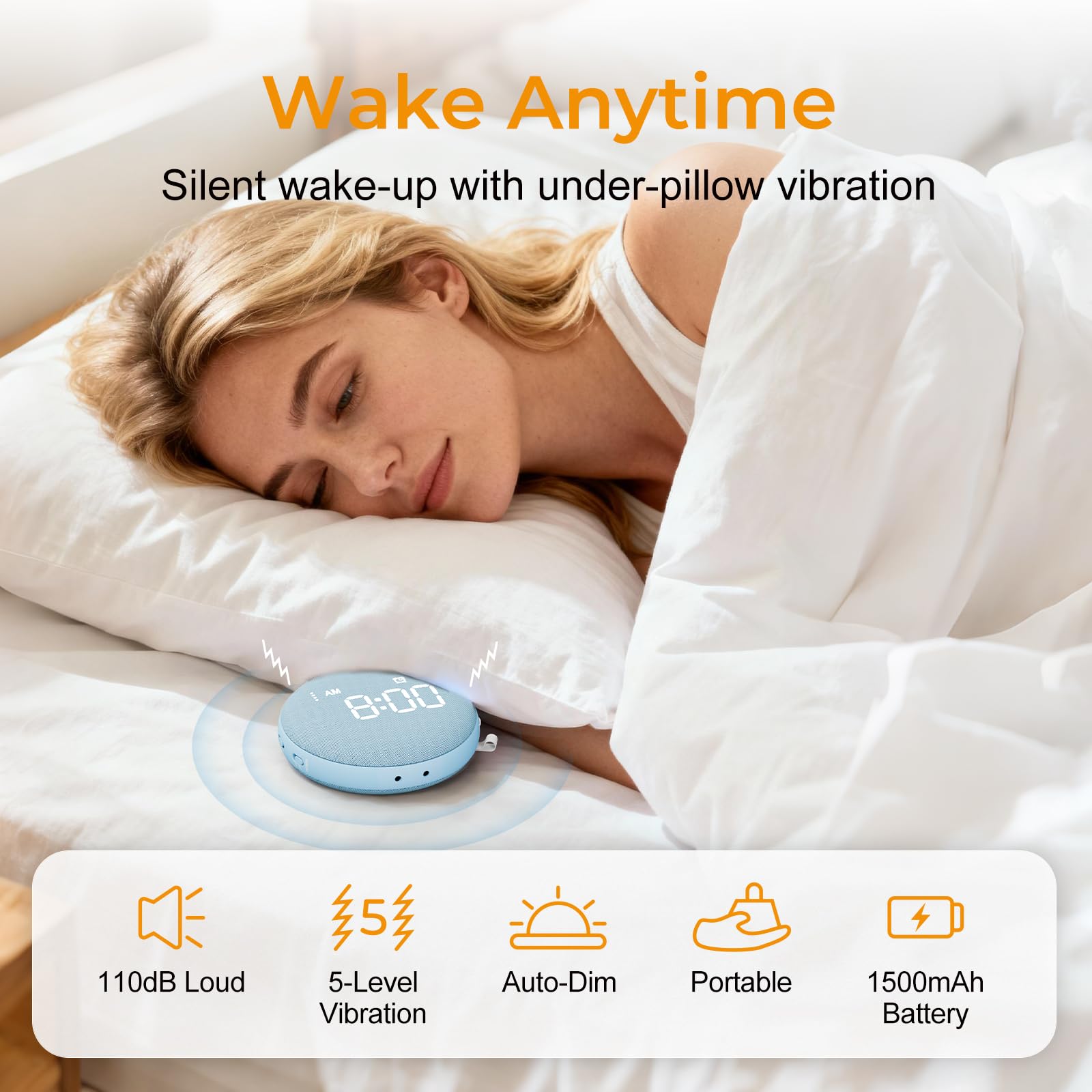 Gianna close-up of bed shaker beneath pillow demonstrating vibration wake benefit