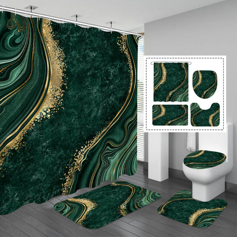 Gibelle shower curtain front view showing emerald green marble and gold foil benefit: stylish upgrade