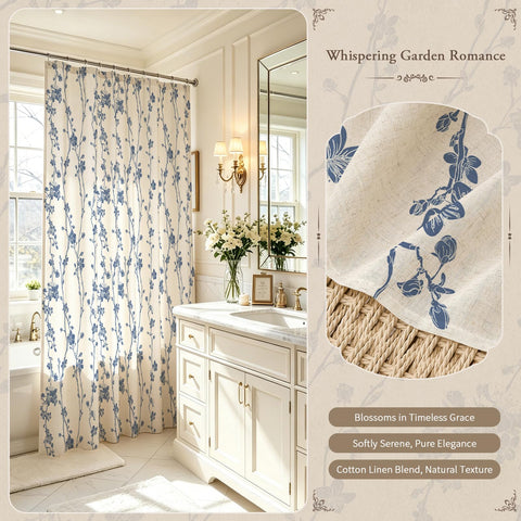 Gibelle lifestyle bath scene with curtain adding cozy farmhouse atmosphere