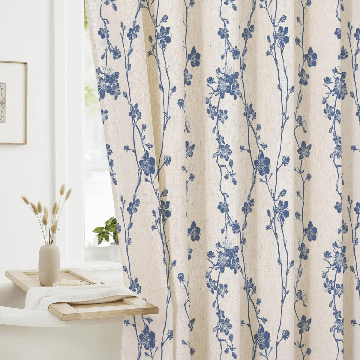 Gibelle navy front view showing full floral curtain and refined look