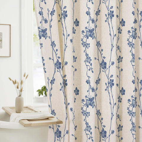 Gibelle navy front view showing full floral curtain and refined look