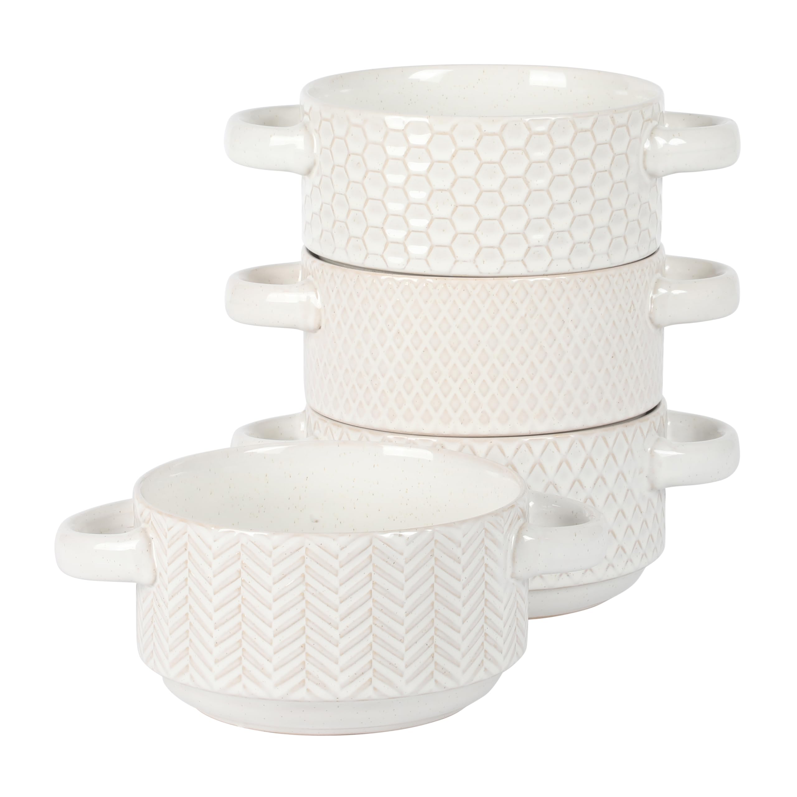 Gibson Elite front view of four Oyster Tide bowls showing clean white glaze and ribbed exterior for stylish serving
