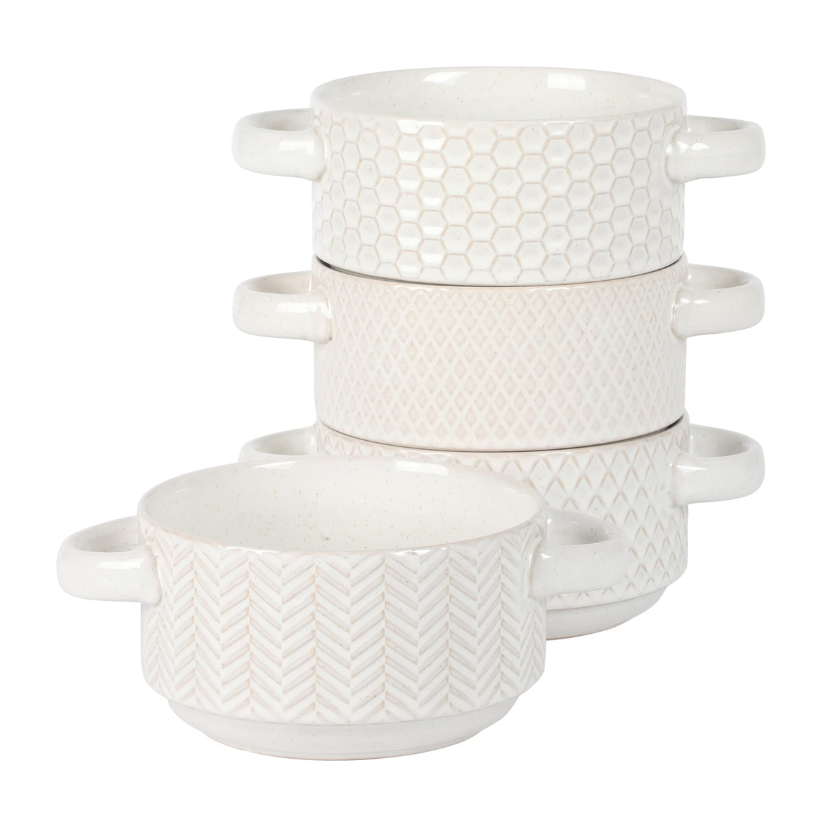 Gibson Elite front view of four Oyster Tide bowls showing clean white glaze and ribbed exterior for stylish serving