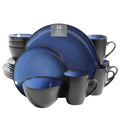 Gibson Elite front view of full 16-piece set showing vibrant reactive blue and black exterior offering elegant presentation