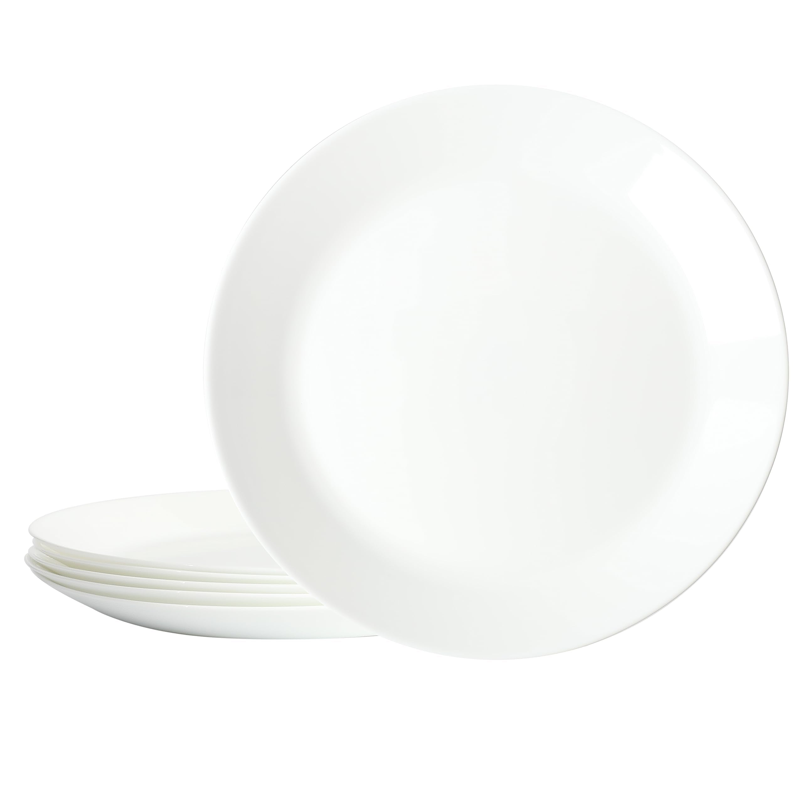 Gibson Home front view of six 10-inch opal glass plates showing clean white finish and neat stack — durable daily use