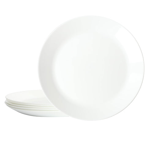 Gibson Home front view of six 10-inch opal glass plates showing clean white finish and neat stack — durable daily use