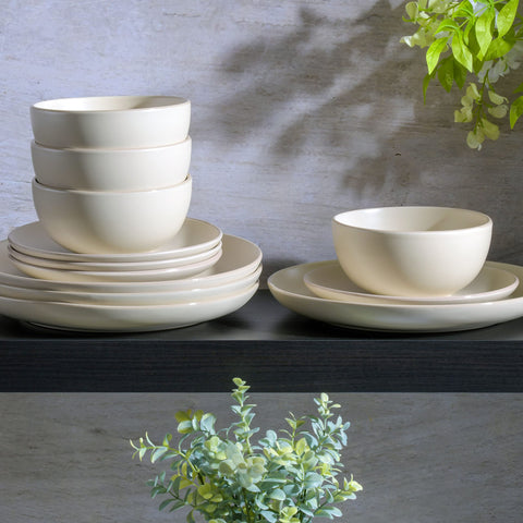 Gibson Home stacked plates showing coupe shape saving cabinet space and neat storage