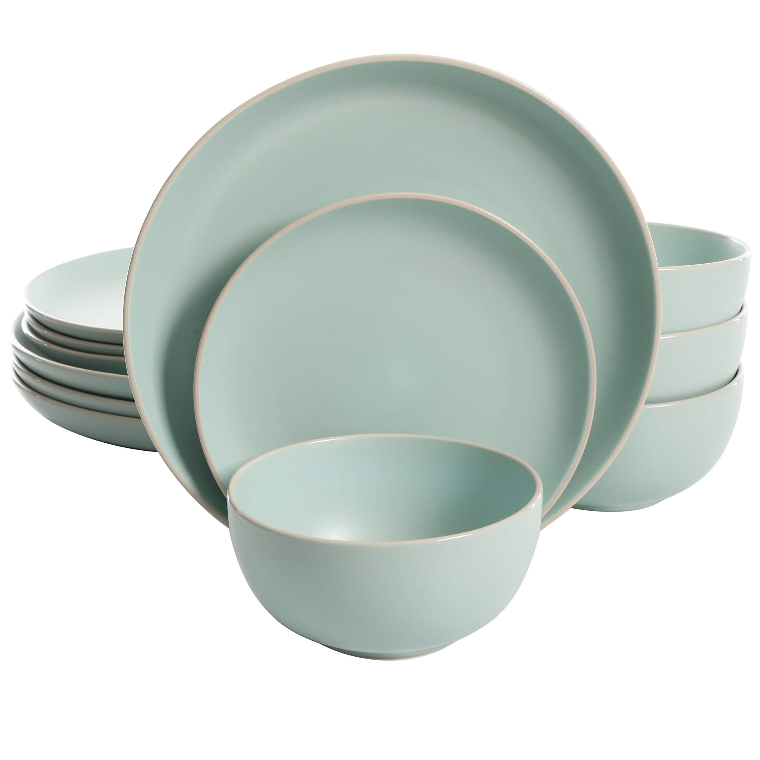 Gibson Home front view of teal dinnerware set showing complete service for four and modern look
