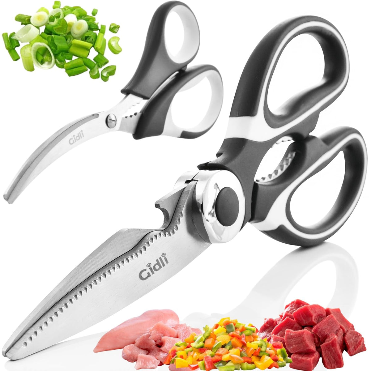 Gidli front packaging showing both kitchen shears and seafood scissors, ready to use