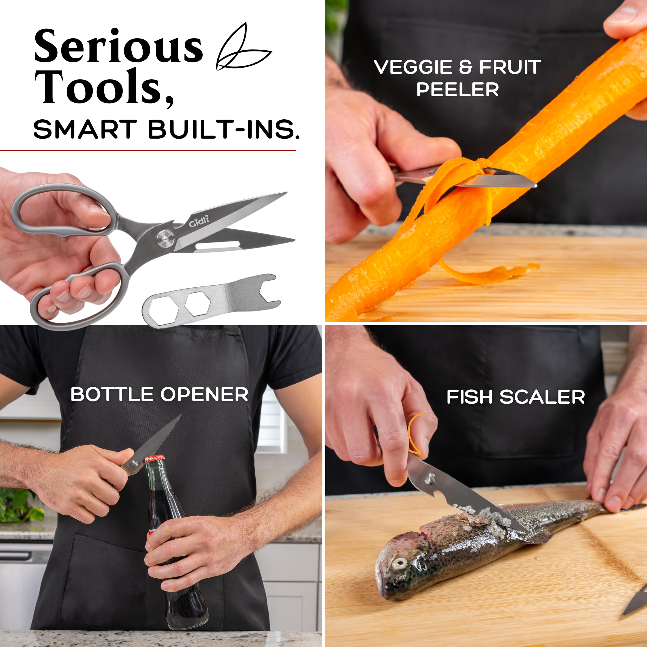 Gidli scissors cutting raw chicken, demonstrating strong cutting power and control