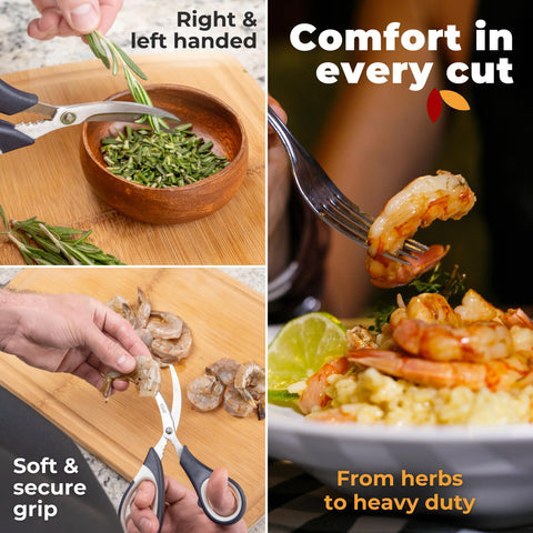 Gidli shears cutting chicken and herbs demonstrating multi-use meal prep benefit