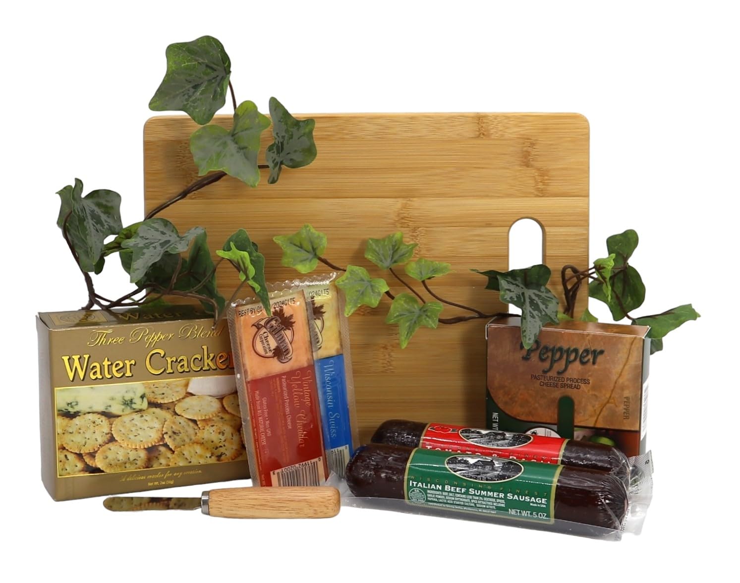 Gift Basket Village bamboo board close-up showing grain and durable serving surface benefit