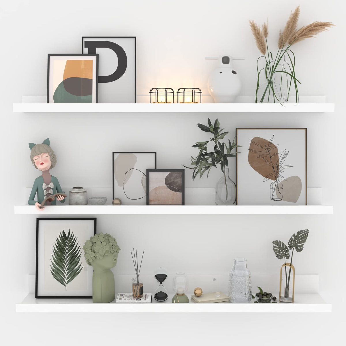 Giftgarden front view of white floating shelves showing sleek modern profile and tidy storage