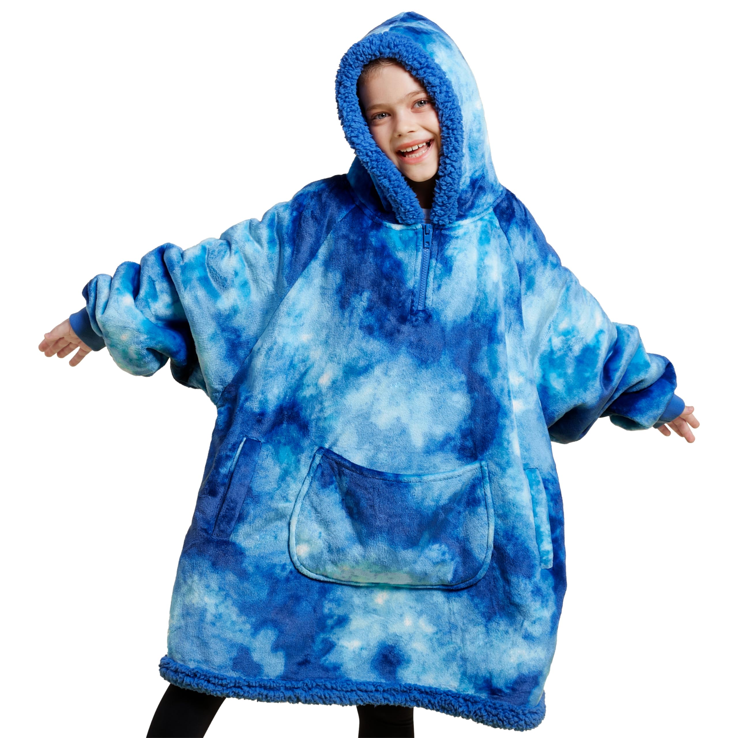 Giggling Getup front view dark blue tie dye hoodie shows cozy oversized fit