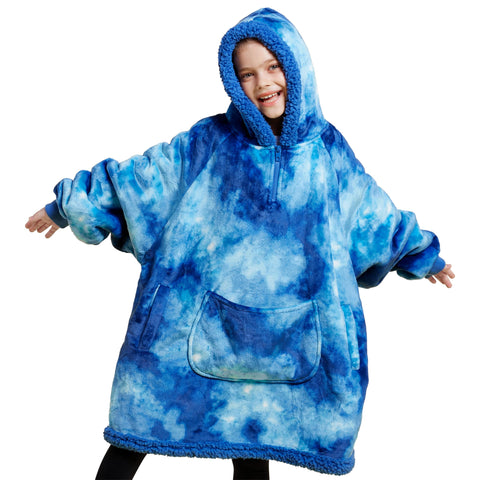Giggling Getup front view dark blue tie dye hoodie shows cozy oversized fit