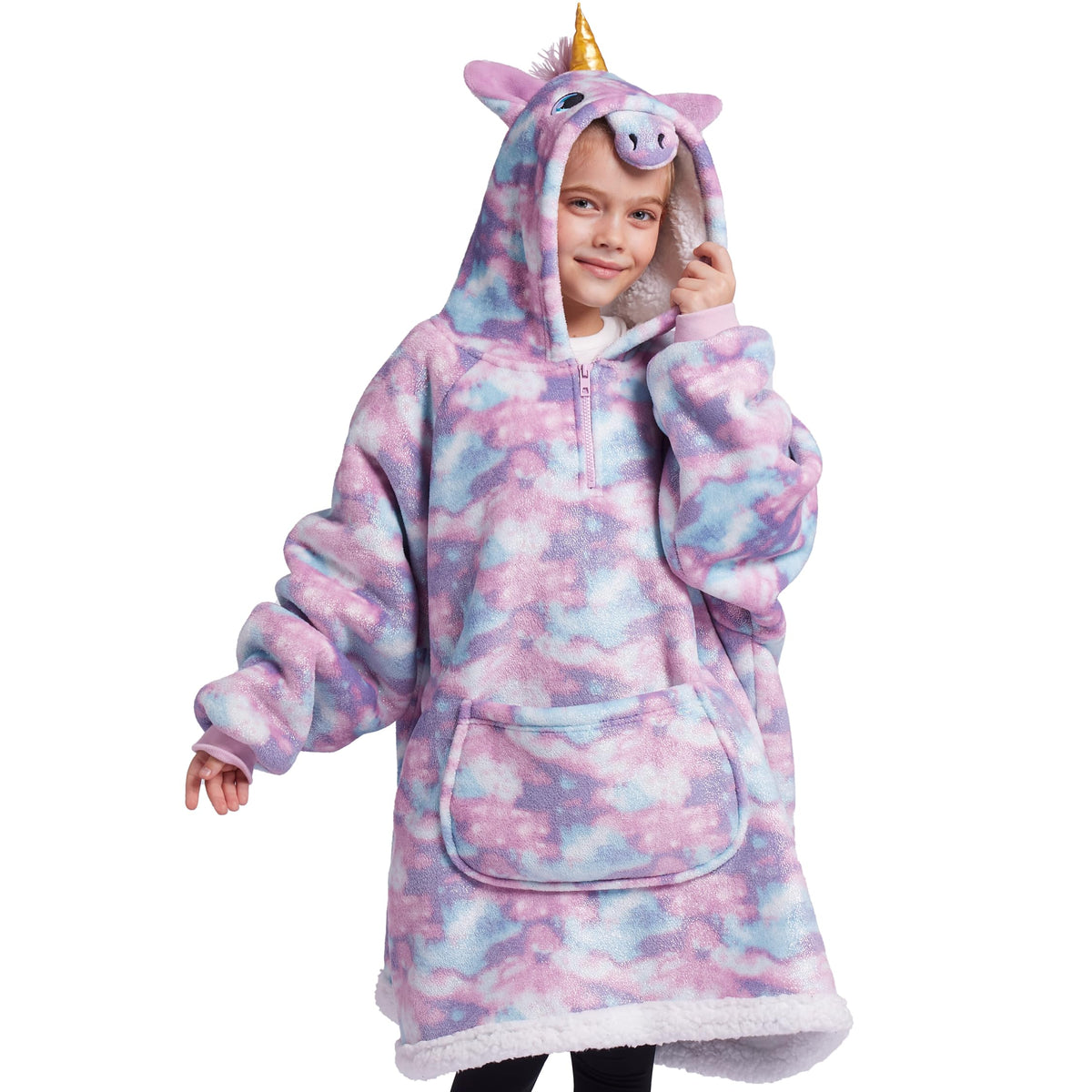 Giggling Getup front view of oversized hoodie showing cozy fit and pocket benefit