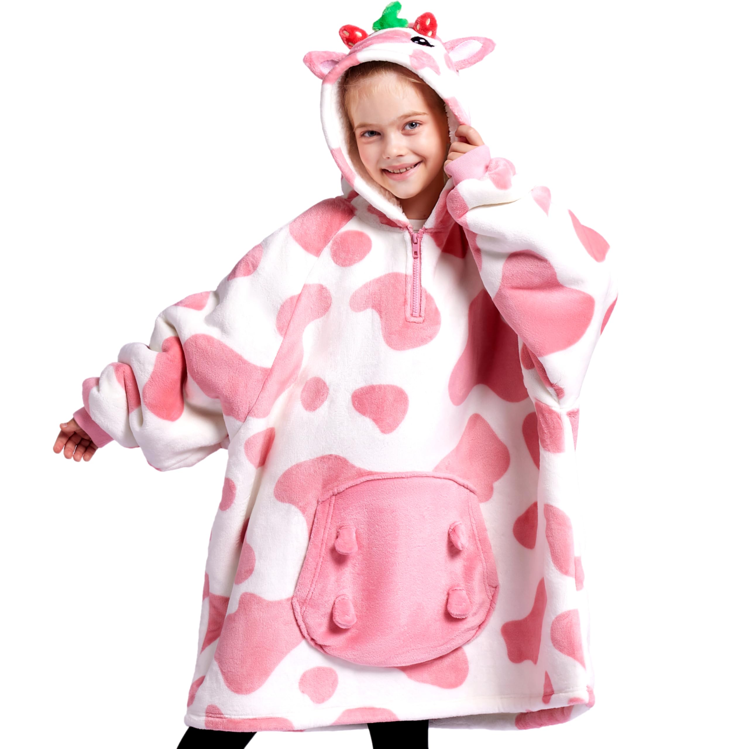 Giggling Getup front view showing Strawberry Cow print and cozy oversized fit