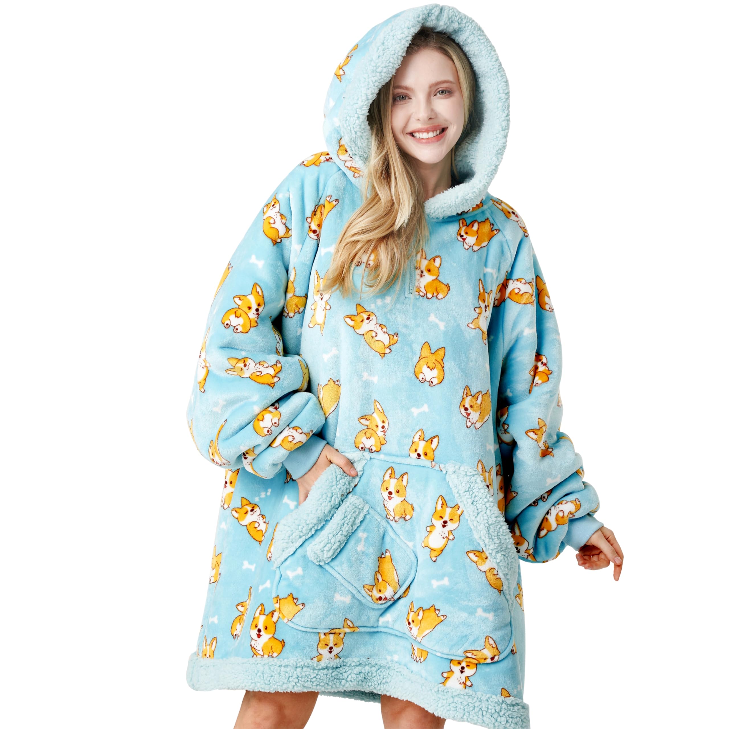 Giggling Getup front view blue corgi hoodie blanket showing cozy fit and fun print